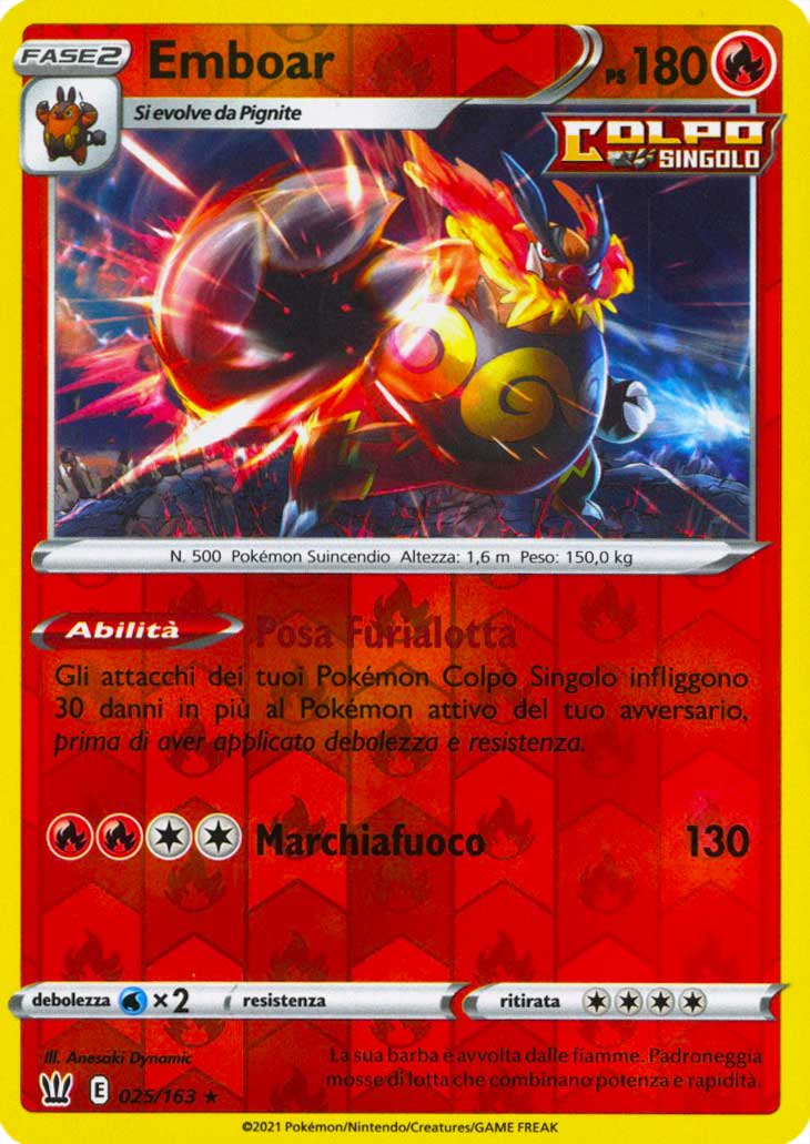 025 / 163 Emboar Rara Holo Reverse foil (IT) -NEAR MINT-