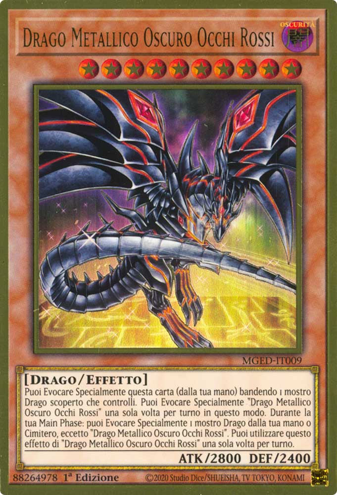 MGED-IT009 Drago Metallico Oscuro Occhi Rossi (Alternate Art) premium rara oro 1a Edizione (IT) -NEAR MINT-